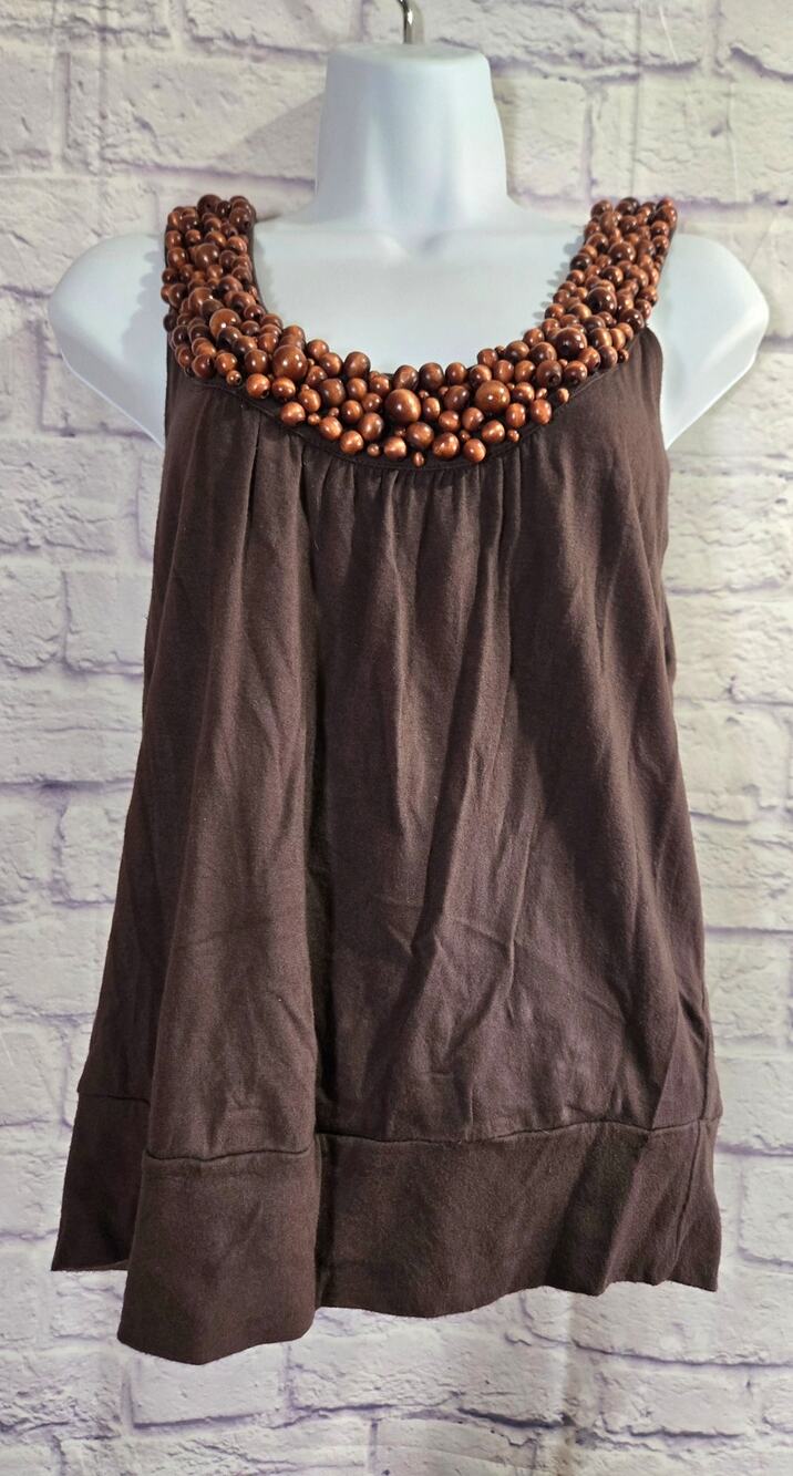 Etcetera Brown Wooden Beaded Bodice Sleeveless Top S Banded Waist